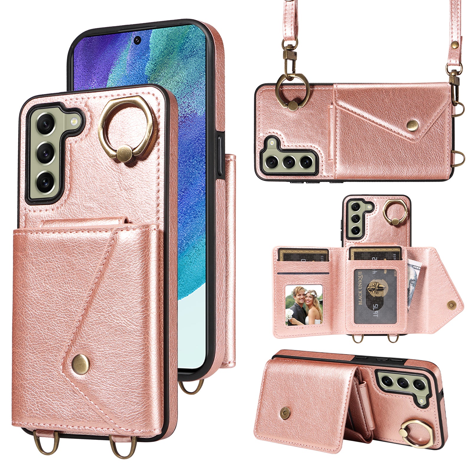 002 For Samsung Galaxy S21 FE 5G Card Bag Ring Kickstand Cover Litchi Texture Leather Coated TPU Anti-fall Phone Case with Shoulder Strap 002 For Samsung Galaxy S21 FE 5G Card Bag Ring Kickstand Cover Litchi Texture Leather Coated TPU Anti-fall Phone Case with Shoulder Strap